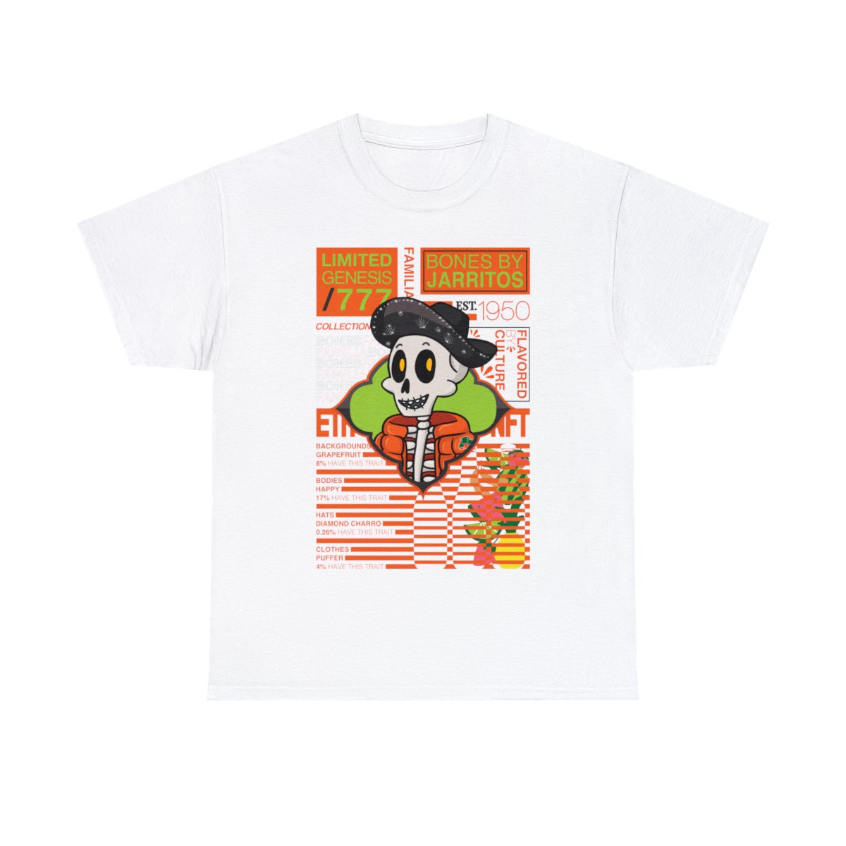 Bones By Jarritos NFT graphic t-shirt in white designed by notablock