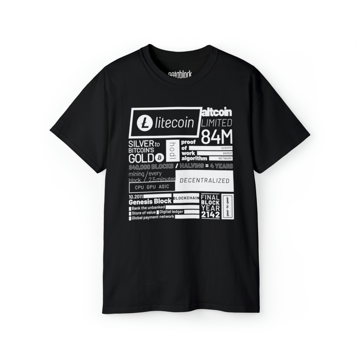 Litecoin graphic t-shirt in black designed by notablock