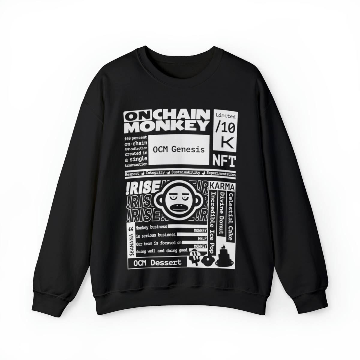 OnChainMonkey NFT graphic sweater in black designed by notablock