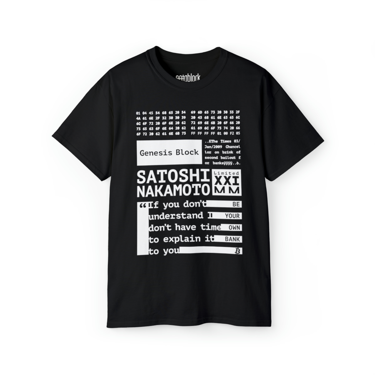 Satoshi Nakamoto graphic t-shirt in black designed by notablock